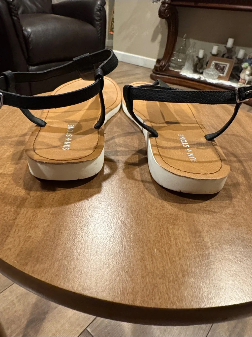 Sun + Stone Black T-Strap Sandals with Tan Footbed worn once women’s size 9.5